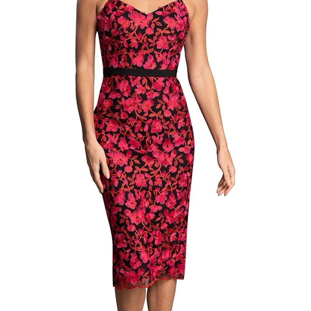 🌺▪️Dress the Population Black Midi Dress with Hot Pink Floral Lace ▪️🌺